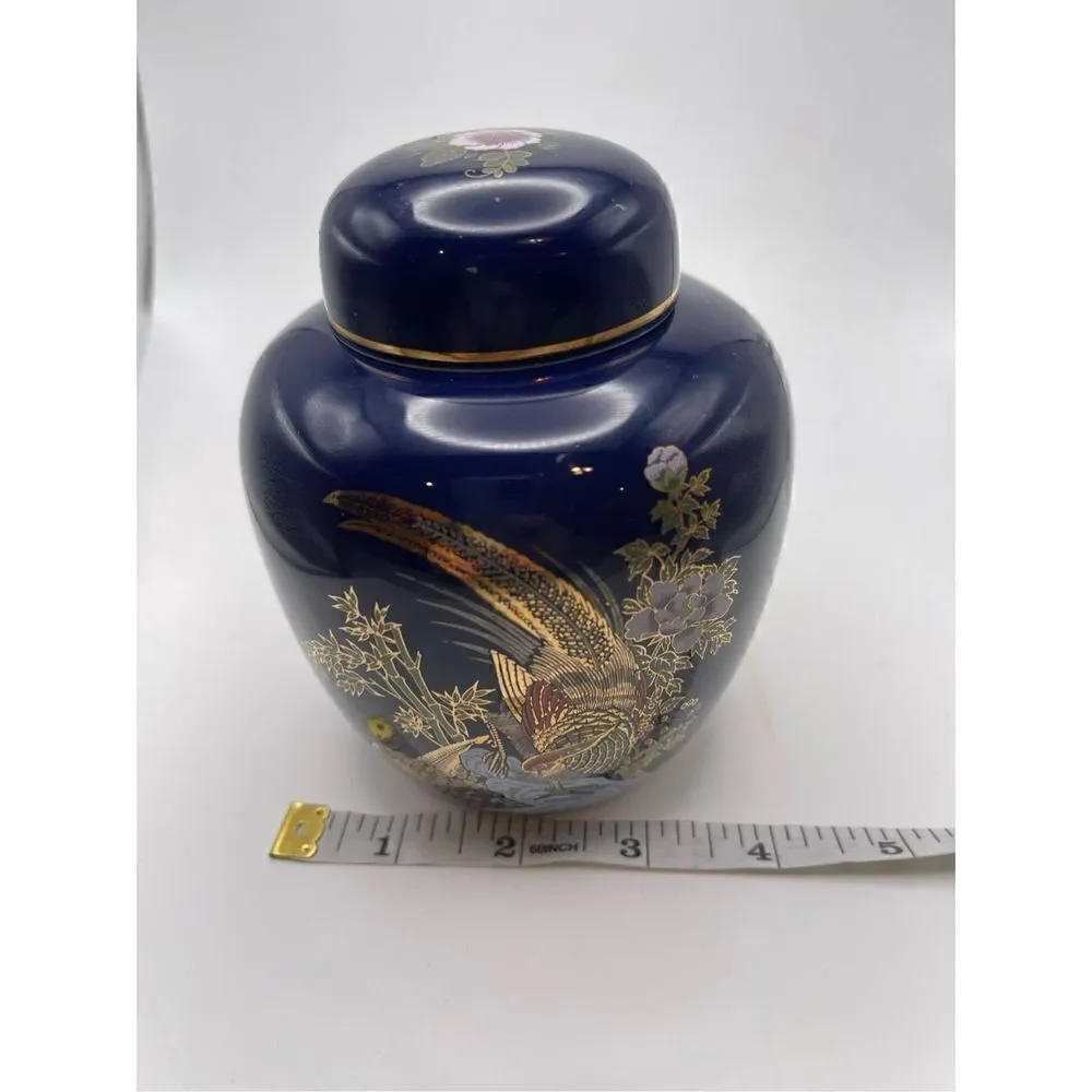 Ginger Jar vintage blue cobalt pheasant gold trimmed